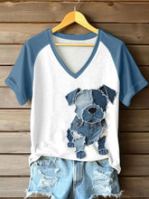 Frauen niedlicher Hund Patchwork Kunst V-Ausschnitt T-Shirt